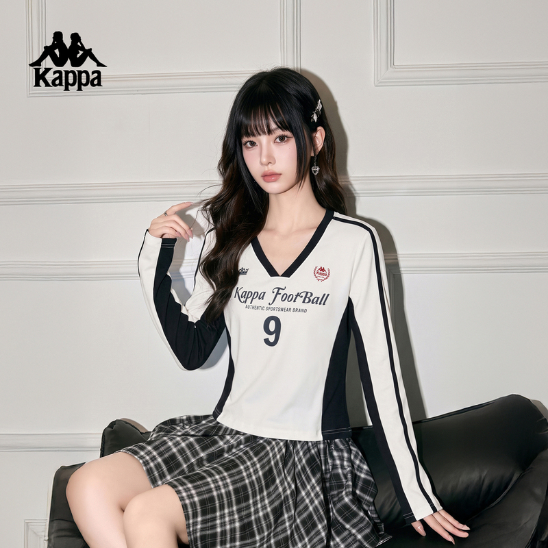 Kappa American Retro Color-Block V-Neck Long-Sleeve T-Shirt for Women, Slim-Fit and Flattering Sports Jersey Kappa American Retro Color-Block V-Neck Long-Sleeve T-Shirt for Women, Slim-Fit and Flattering Sports Jersey