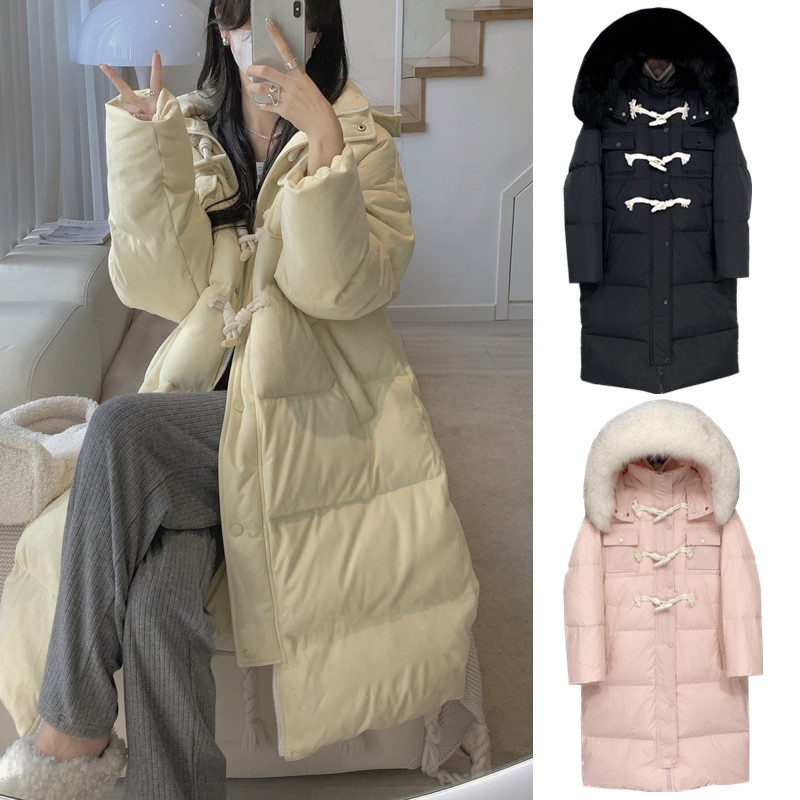2025 Winter New Style Horn Button down Jacket for Women, Mid-Length, Over-The-Knee, Large Fur Collar, Korean Style, Thickened, Loose Fit, White Duck down 2025 Winter New Style Horn Button down Jacket for Women, Mid-Length, Over-The-Knee, Large Fur Collar, Korean Style, Thickened, Loose Fit, White Duck down