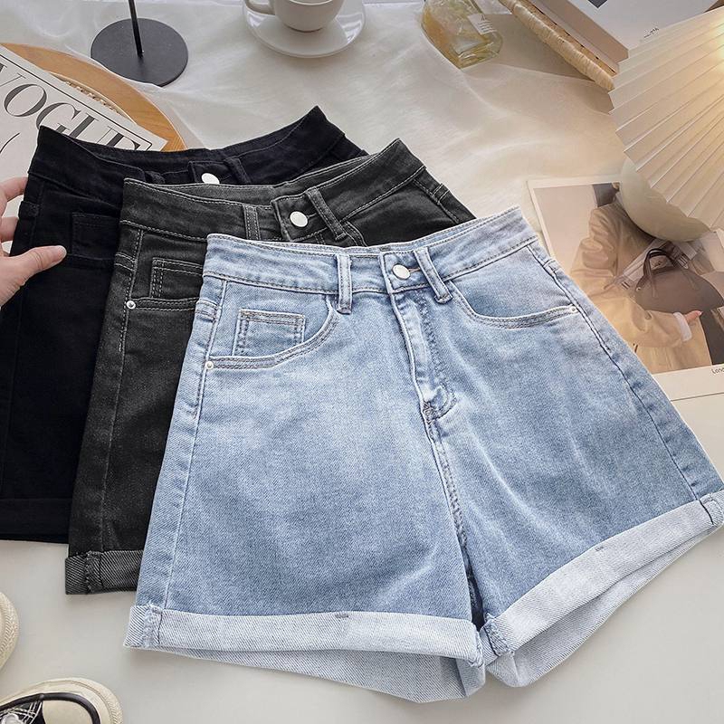 Rolled Hem Denim Shorts for Women, Summer High-Waisted Loose Fit, Hip-Covering, Slimming, Korean Style A-Line Wide-Leg Casual Hot Pants Rolled Hem Denim Shorts for Women, Summer High-Waisted Loose Fit, Hip-Covering, Slimming, Korean Style A-Line Wide-Leg Casual Hot Pants