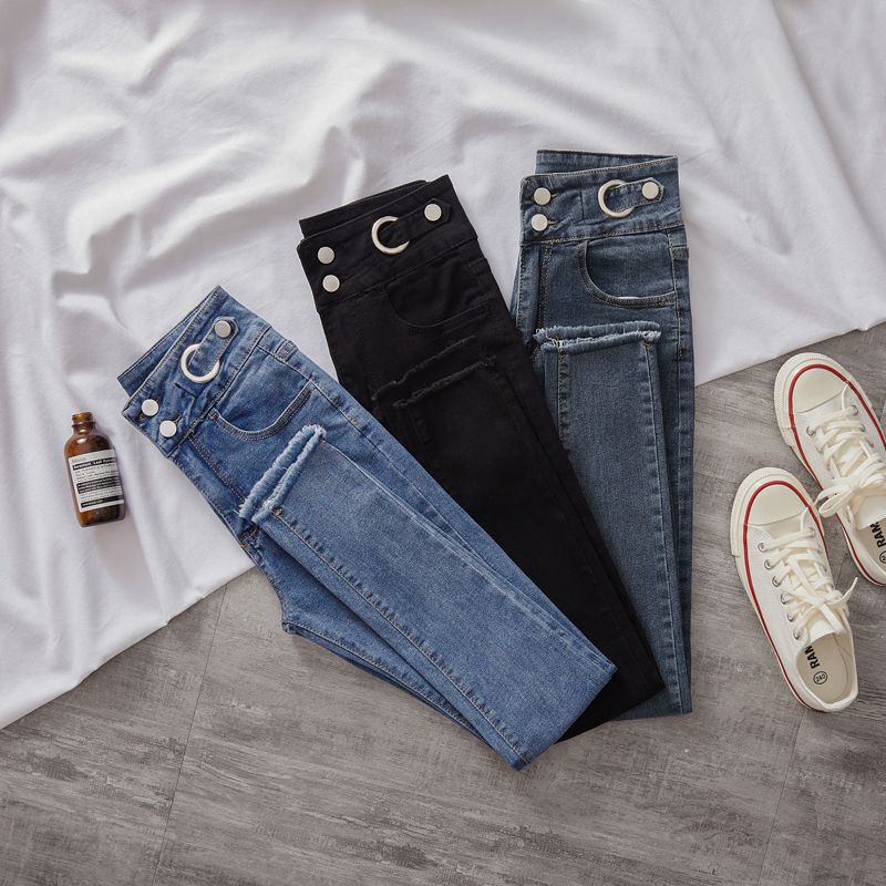 Double-Button High-Waisted Skinny Jeans for Women, New Style, Stretchy, Slimming, Frayed Hem, Cropped, Tight-Fitting Pencil Pants, Trendy