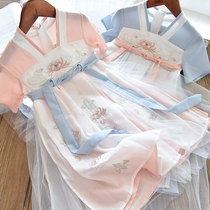 Girls Hanfu dress chiffon skirt super fairy ancient style skirt children baby fresh embroidered short-sleeved princess skirt summer