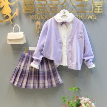 Girls set spring 2022 new sweater cardigan jacket cartoon foreign childrens pleated plaid skirt three-piece set
