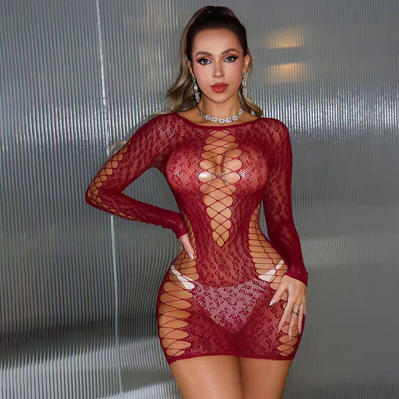 European and American Style Sexy Hollow-Out Thin Mesh Long-Sleeve Tight-Fitting Hot Girl Bodycon Nightgown Tearable Qq Fishnet Lingerie