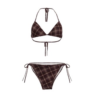 Senior retro brown plaid swimsuit women's neck halter