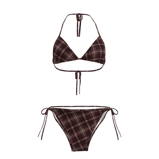 Senior retro brown plaid swimsuit women's neck halter