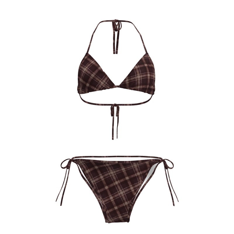 Brown High-End Retro Printed Plaid Swimsuit for Women, Halter Neck Split Three-Piece Bikini Sexy Swimwear Set