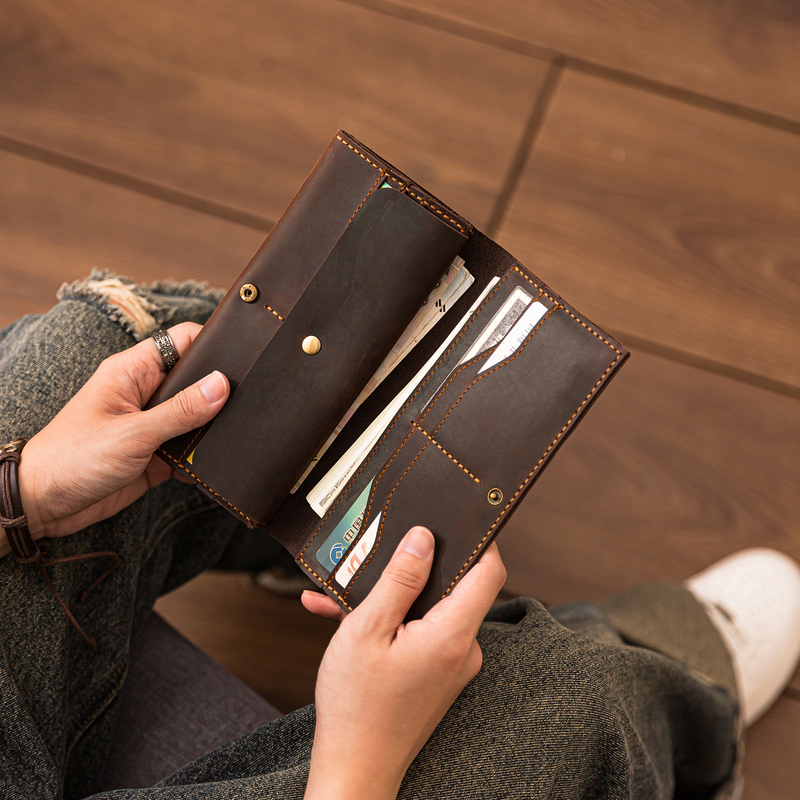 Original Handmade Wallet for Men, Large Capacity, Long Leather Wallet with Multiple Card Slots, Stylish, Retro, Personalized Genuine Leather Phone Bag