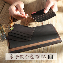 Cowhide wallet mens short handmade DIY material bag hand stitched flat wax leather wallet Crazy Horse leather retro style