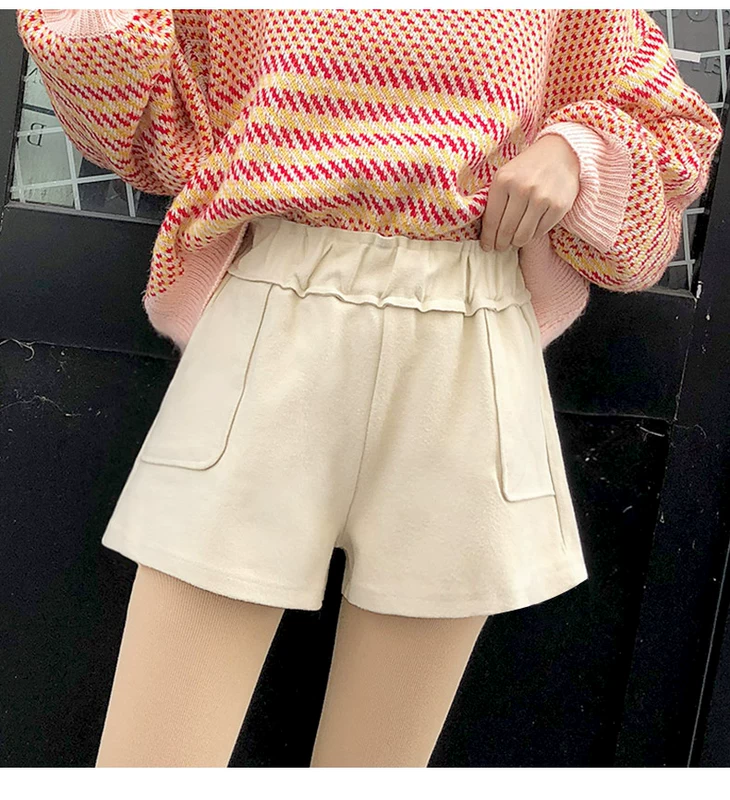 Quần short nữ mùa đông 2018 mới rộng cạp cao hoang dã thon gọn len giản dị mùa thu và quần thun mùa đông