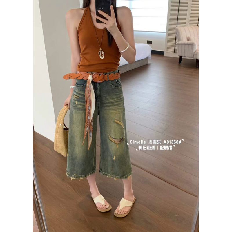 2026 Summer New Straight-Leg Pants for Women, Korean Style, Unique Design, Washed Vintage, Versatile Ripped Denim Capri Pants