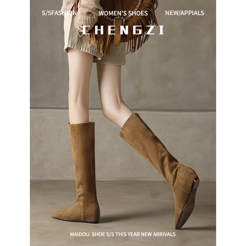 Sheepskin French-Style Hidden Heel Boots, Melard Western Cowboy Boots, Slimming Square-Toe High Boots, Knee-High Long Boots Sheepskin French-Style Hidden Heel Boots, Melard Western Cowboy Boots, Slimming Square-Toe High Boots, Knee-High Long Boots