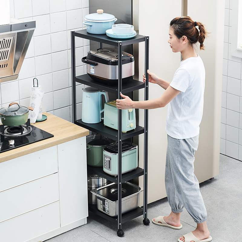Stainless steel kitchen shelves with seams Floor-to-ceiling multi-layer wall corners can be pushed and pulled mobile storage racks to put pot racks