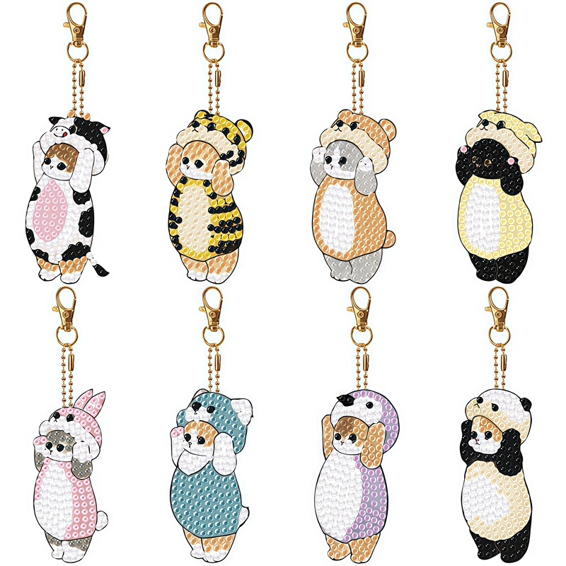 Diamond Painting Keychain Cute Cat 8-Piece Set Cartoon Keychain Children's Handmade Rhinestone Bag Pendant