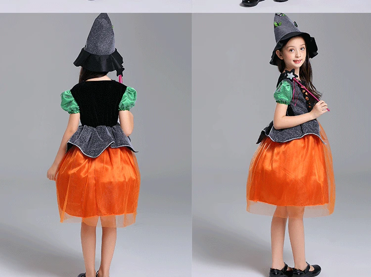 Halloween quần áo trẻ em gái cosplay trang phục phù thủy bí ngô áo choàng ảo thuật gia áo choàng biểu diễn đầm trẻ em cao cấp