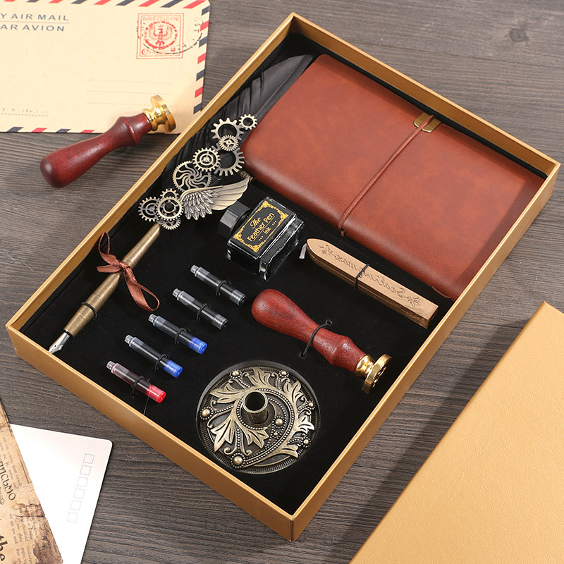 11 Piece Mechanical Feather Pen Set -- Blacka birthday present female give girl friend girl student confidante schoolboy teacher practical originality customized diy Graduation season gift