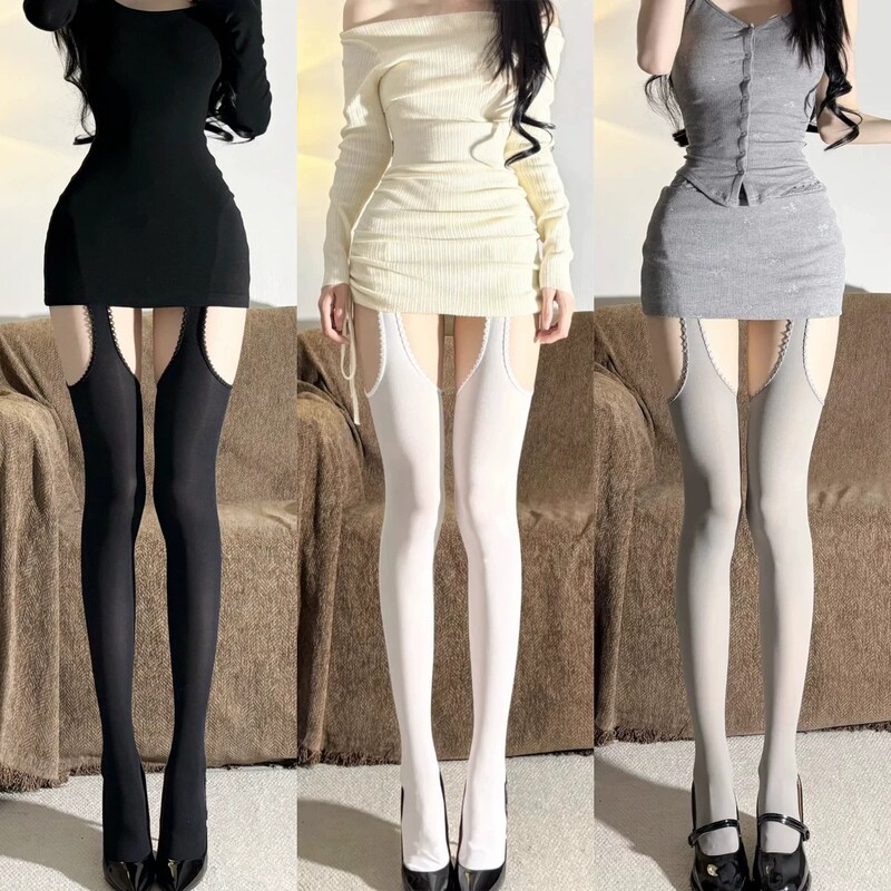 Thick Black Aesthetic 80D Suspender Stockings Sexy Pure Desire White Silk Four-Sided Hollow Stockings Women's Long Tube Crotchless No Need to Take Off