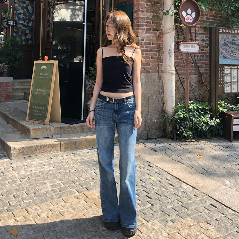 American-Style Dark Blue Bamboo Pattern Low-Waist Flared Jeans for Women, New Summer Style, Petite, Loose, Slimming Bell-Bottom Pants