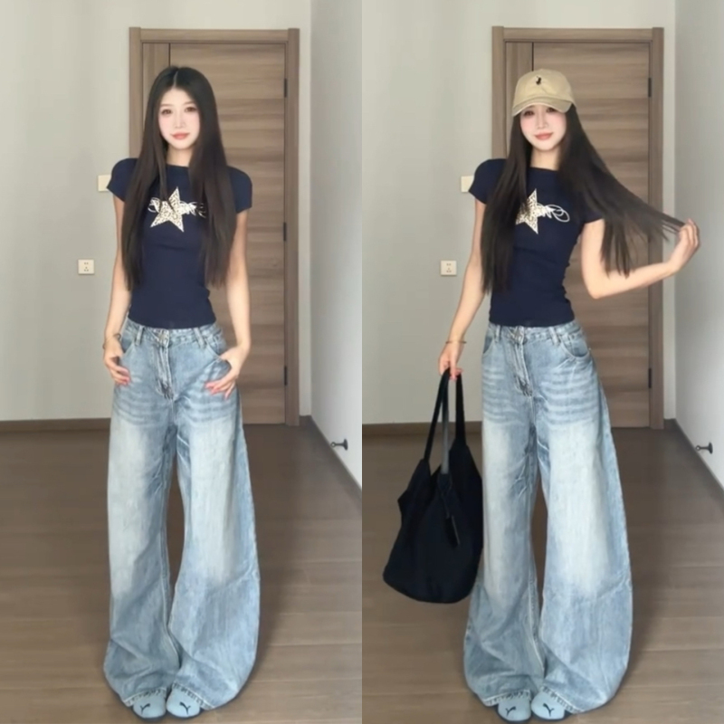 American Retro Light Blue Wide-Leg Jeans for Women, 2026 Summer New Low-Waist Drapey Loose Straight-Leg Curved Pants