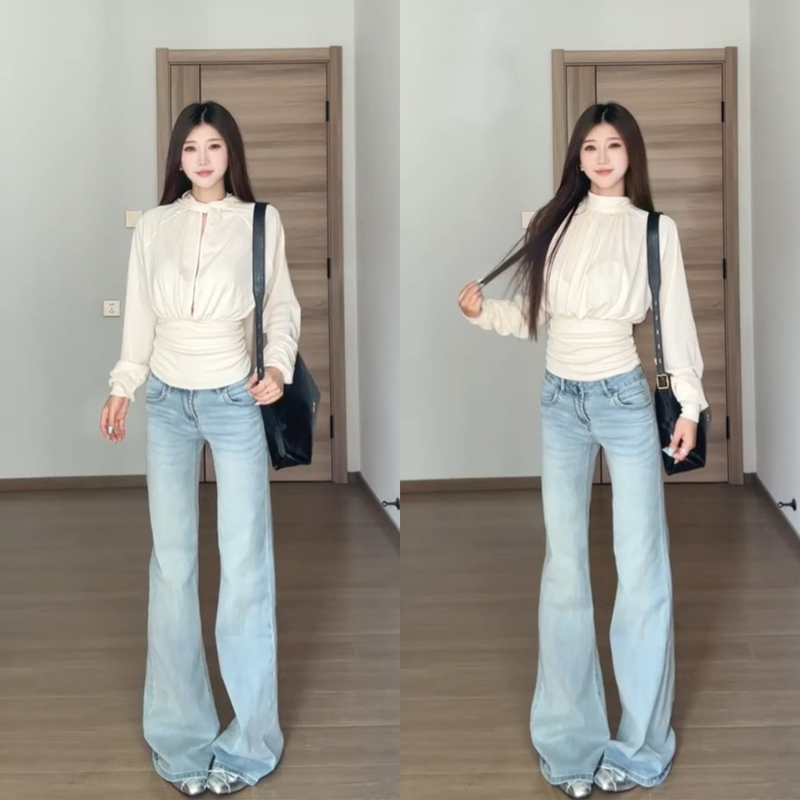 Light Blue Low-Waist Flared Jeans for Women, 2026 Summer Thin Style, American Style, Slim Fit, Not Tight on the Legs, Flared Floor-Length Pants