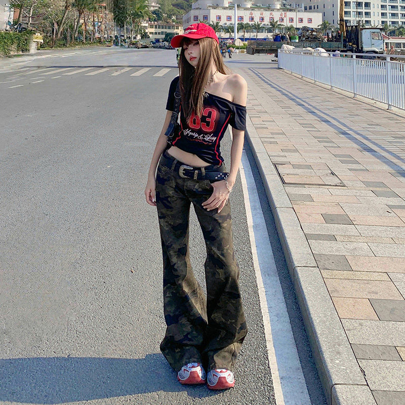 American-Style Camouflage Flared Low-Rise Jeans for Women, 2026 Summer Thin Vintage Slimming Drapey Non-Tight Flared Pants American-Style Camouflage Flared Low-Rise Jeans for Women, 2026 Summer Thin Vintage Slimming Drapey Non-Tight Flared Pants