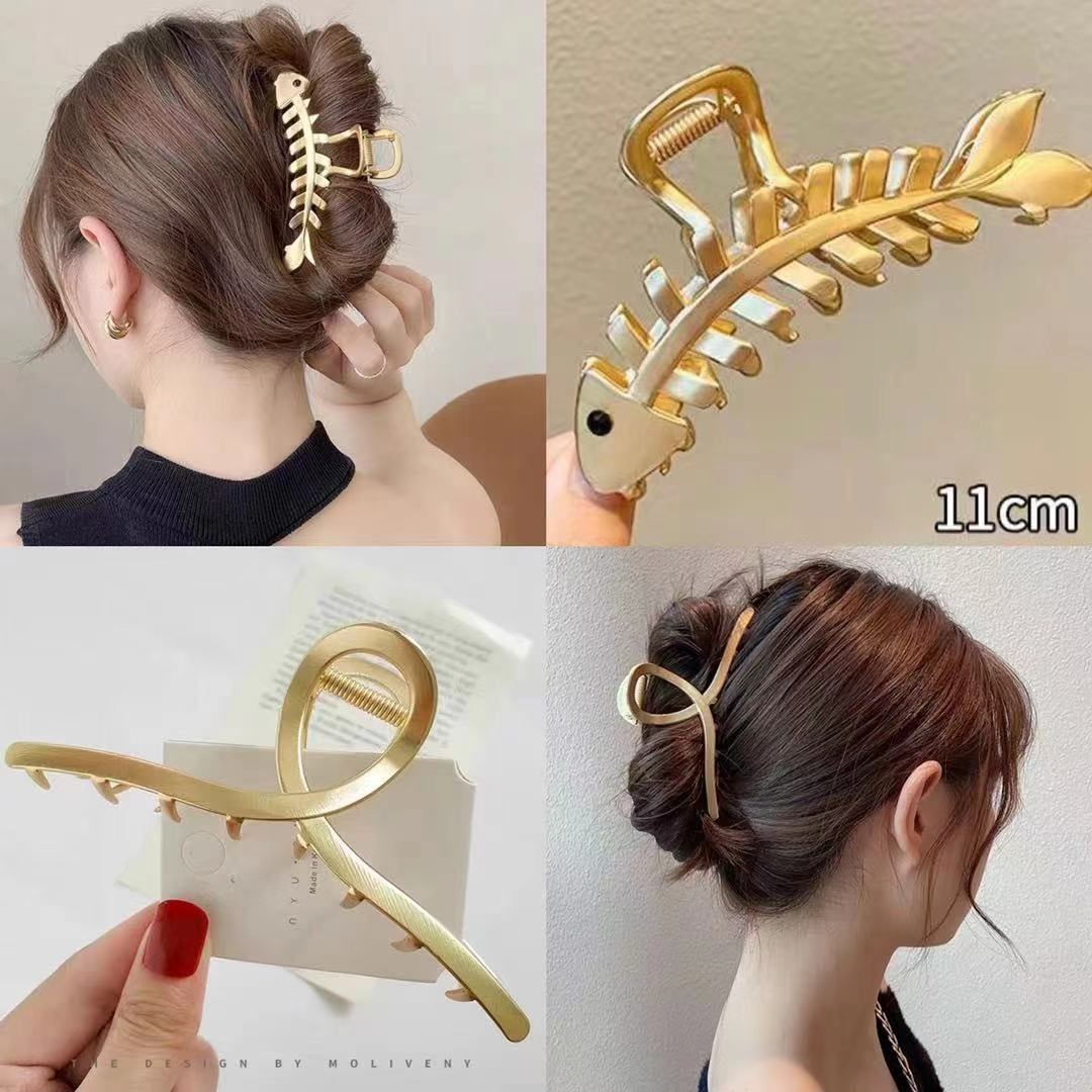 Large Size Fish Bone Cross Grip Clip Hair Clip Woman Summer Rear Brain Spoon Clip Head Decorated Metal Hair Clip Mesh Red Hair Grip Shark Clip