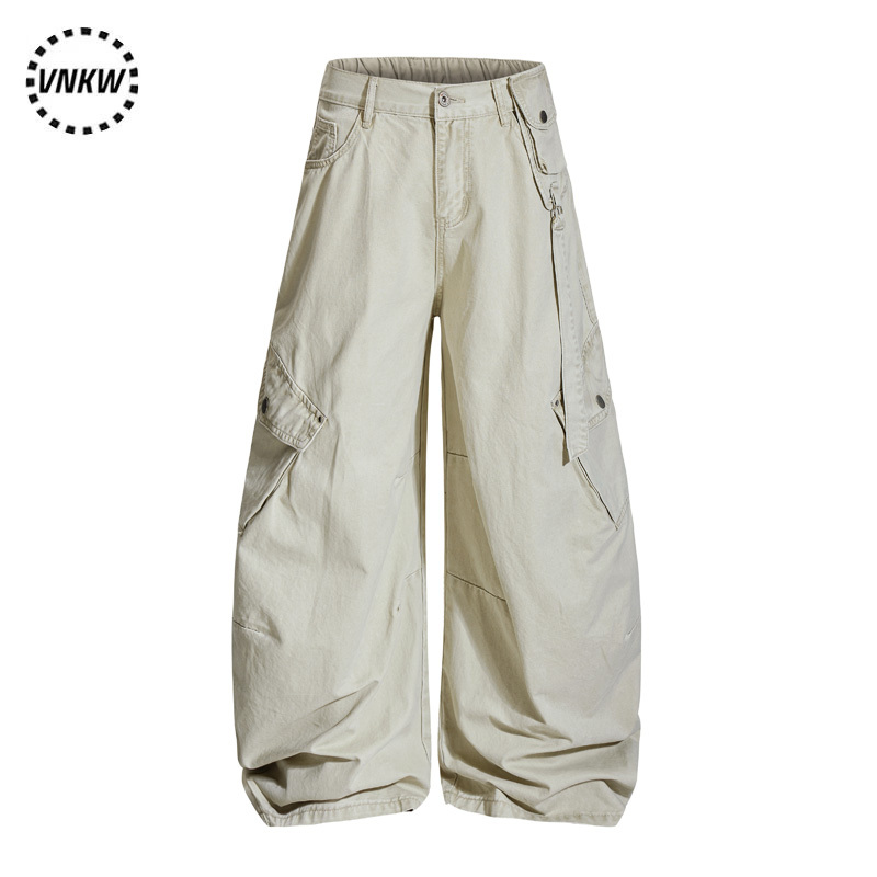 American Retro Multi-Pocket Design Casual Cargo Pants for Men, Street Style Loose Vintage Couple Wide-Leg Scimitar Pants