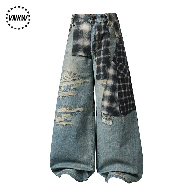 American-Style Heavy-Duty 3D Printed Plaid Graffiti Ripped Scimitar Jeans Unisex Loose Wide-Leg Versatile Long Pants