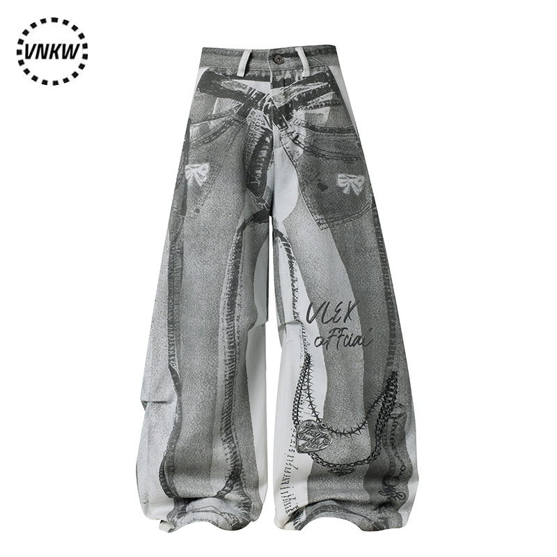 Trendy Street Style 3D Digital Print Direct Injection Process Curved Hem Jeans Unisex Loose Wide-Leg Versatile Heavy-Duty Long Pants
