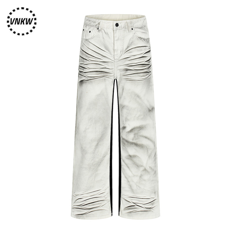 American High Street Dirty-Dyed Distressed Whiskered Jeans for Men and Women, Loose Design, Niche Straight-Leg Wide-Leg Work Pants