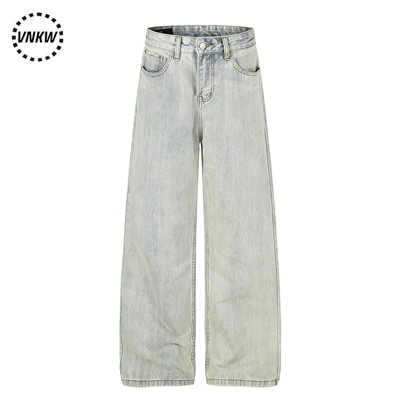 American Retro Washed White Bamboo Pattern Jeans for Men and Women, Summer Loose Wide-Leg Straight Versatile Work Pants