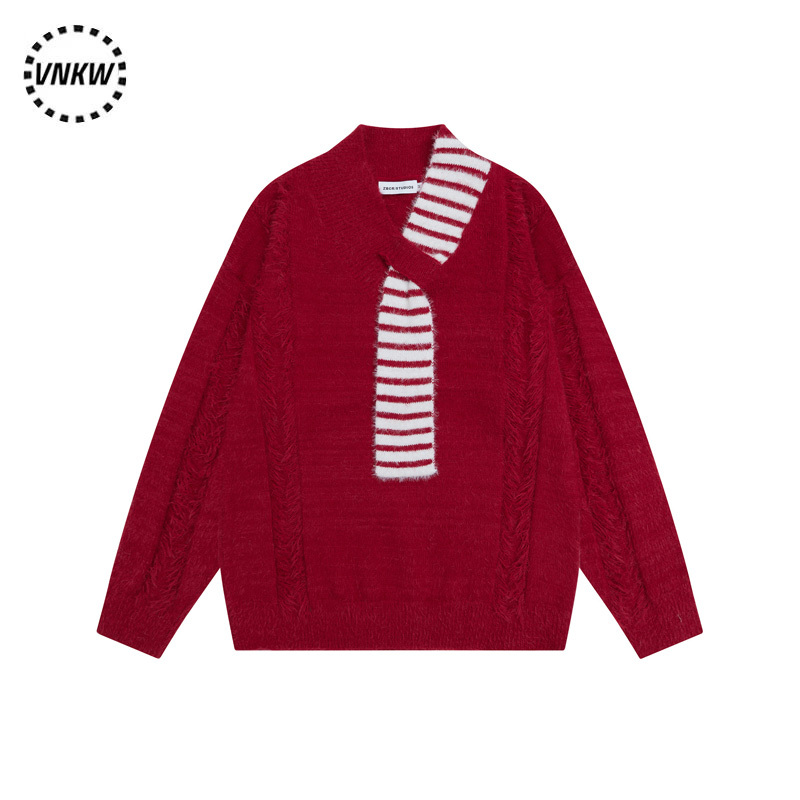 New Year and Christmas Red Mink Fur Scarf Knit Sweater Unisex Style Couple's Thick Loose Sweater Trendy