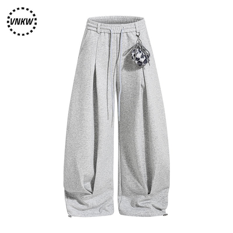 American-Style Deconstructed Drawstring Casual Pants for Men and Women, Loose and Versatile Sports Sweatpants with Gray Letter Print