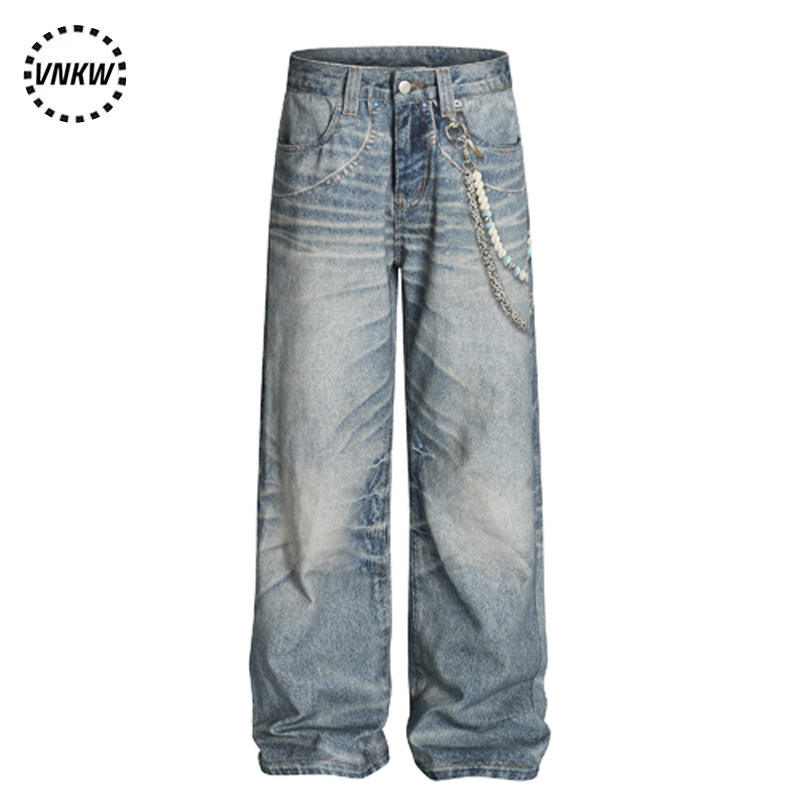 American Retro 3D Jeans for Men and Women, Same Style, Ac Style Chain Print, Street Casual Straight Pants, Wide Leg Pants