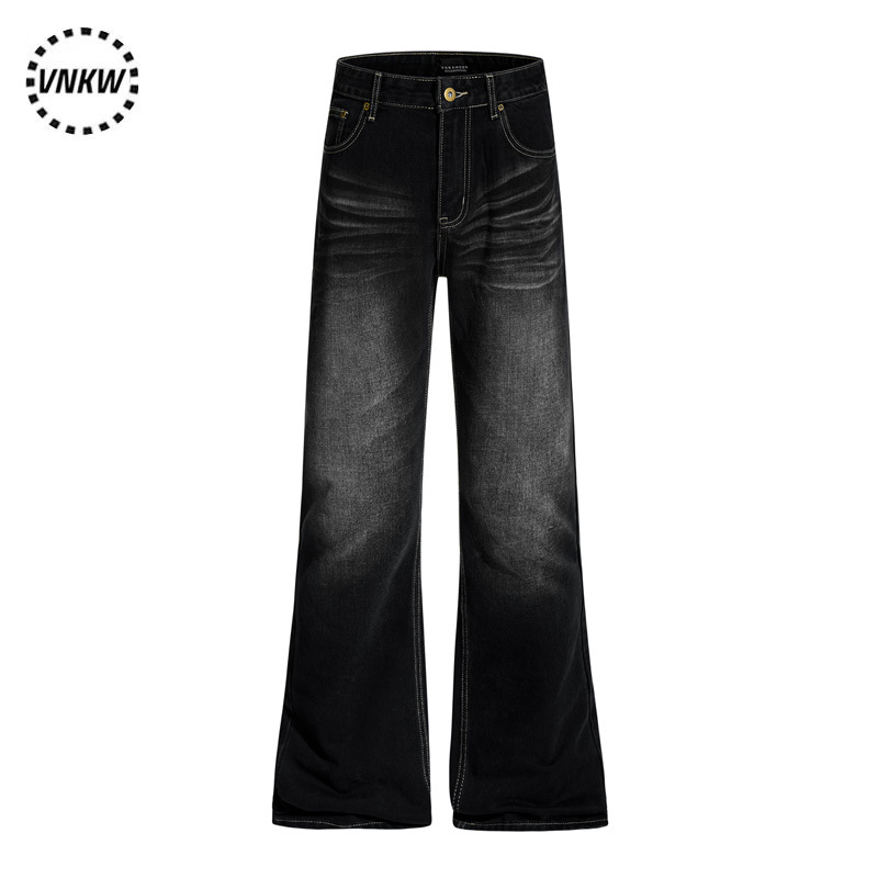Washed Black Flared Vintage Distressed Jeans Unisex Casual Pants Neutral Style Cool High Street Work Pants