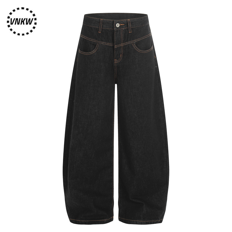 American Retro Denim Raw Black Jeans with Decorative Stitching, Unisex Loose Wide-Leg Versatile Work Pants