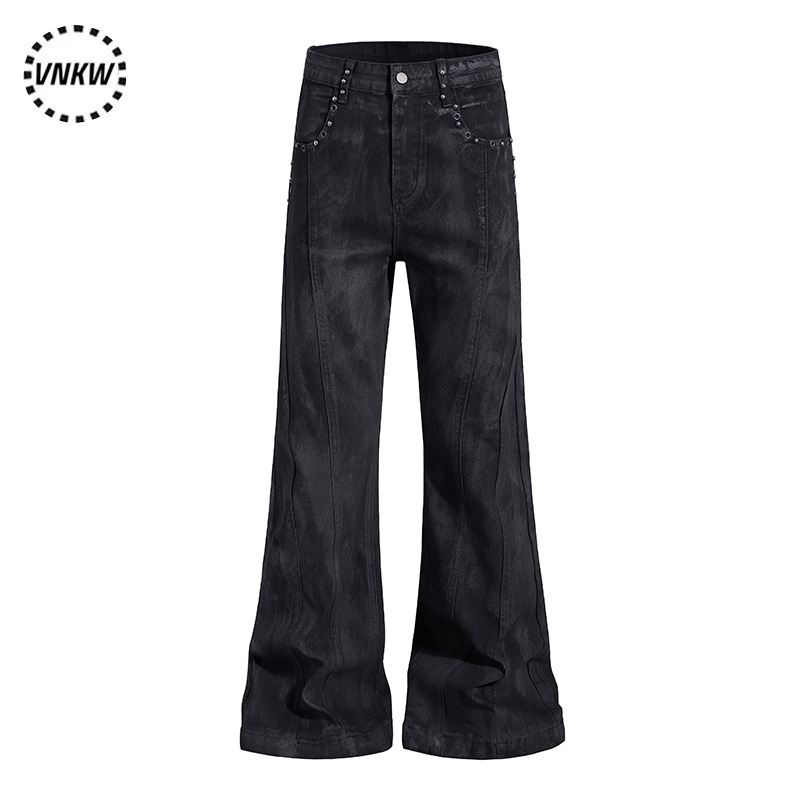 American High Street Vibe Rivet Distressed Flared Cargo Pants Unisex High Street Dark Style Trendy Cool Straight-Leg Versatile Long Pants