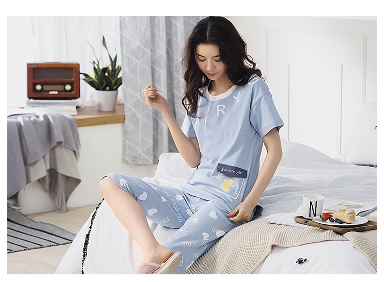 Bộ đồ ngủ nữ mùa hè cotton ngắn tay cắt quần phiên bản Hàn Quốc của phim hoạt hình cotton mùa hè mỏng phần phù hợp với dịch vụ nhà nữ pijama lụa