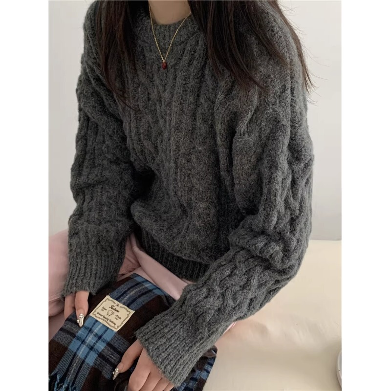 Japanese Retro Gray Soft Twist Pullover Sweater for Women, Autumn and Winter Outerwear, Lazy Style, Loose Round Neck Knitwear, Thick