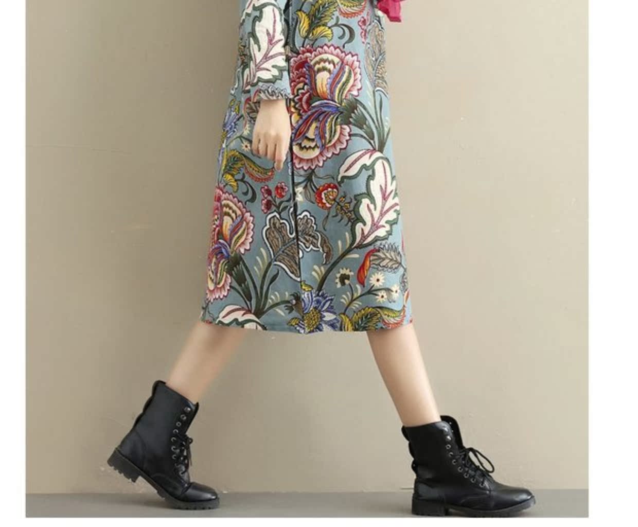 Phong cách quốc gia phụ nữ mới in cotton dài tay và nhung dày kích thước lớn váy đầm văn chương retro váy xếp ly dài