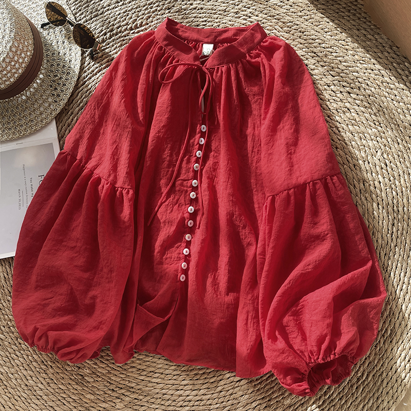 Single-Breasted Red Sun Protection Shirt with Ethnic Style Design, Retro Lantern Sleeves, Tie-Up Cotton and Linen Shirt, Long-Sleeved Top for Women Single-Breasted Red Sun Protection Shirt with Ethnic Style Design, Retro Lantern Sleeves, Tie-Up Cotton and Linen Shirt, Long-Sleeved Top for Women