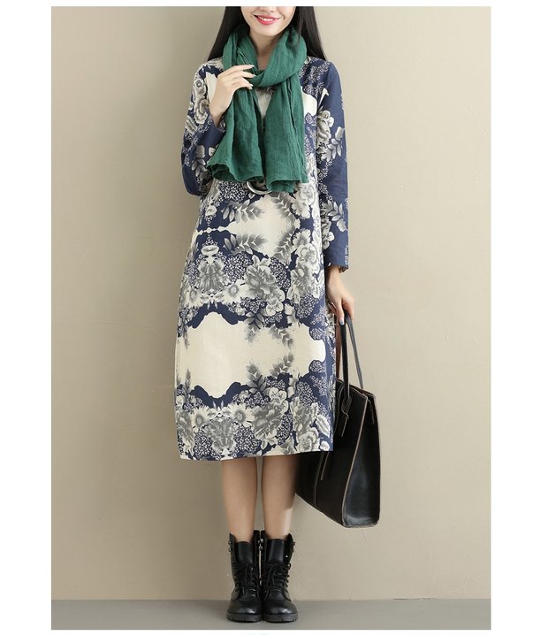 Phong cách quốc gia phụ nữ mới in cotton dài tay và nhung dày kích thước lớn váy đầm văn chương retro váy xếp ly dài