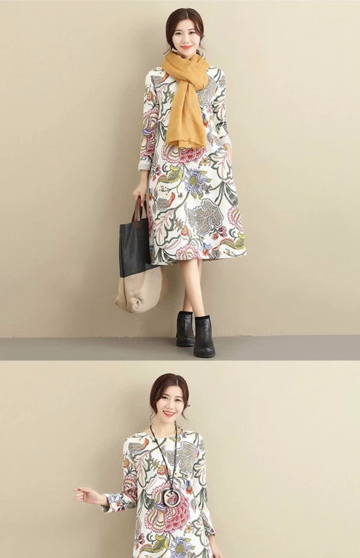 Mùa thu và mùa đông mới retro phong cách quốc gia lỏng lẻo kích thước lớn bao gồm bụng bông và vải lanh in váy cộng với nhung ấm dưới váy