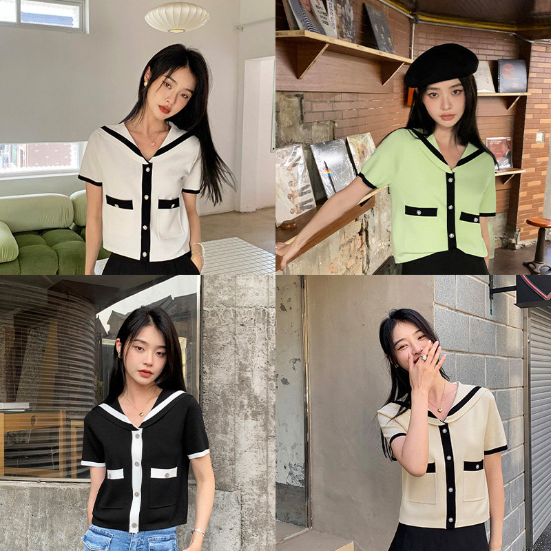 Contrasting navy collar small fragrance knitted short sleeves