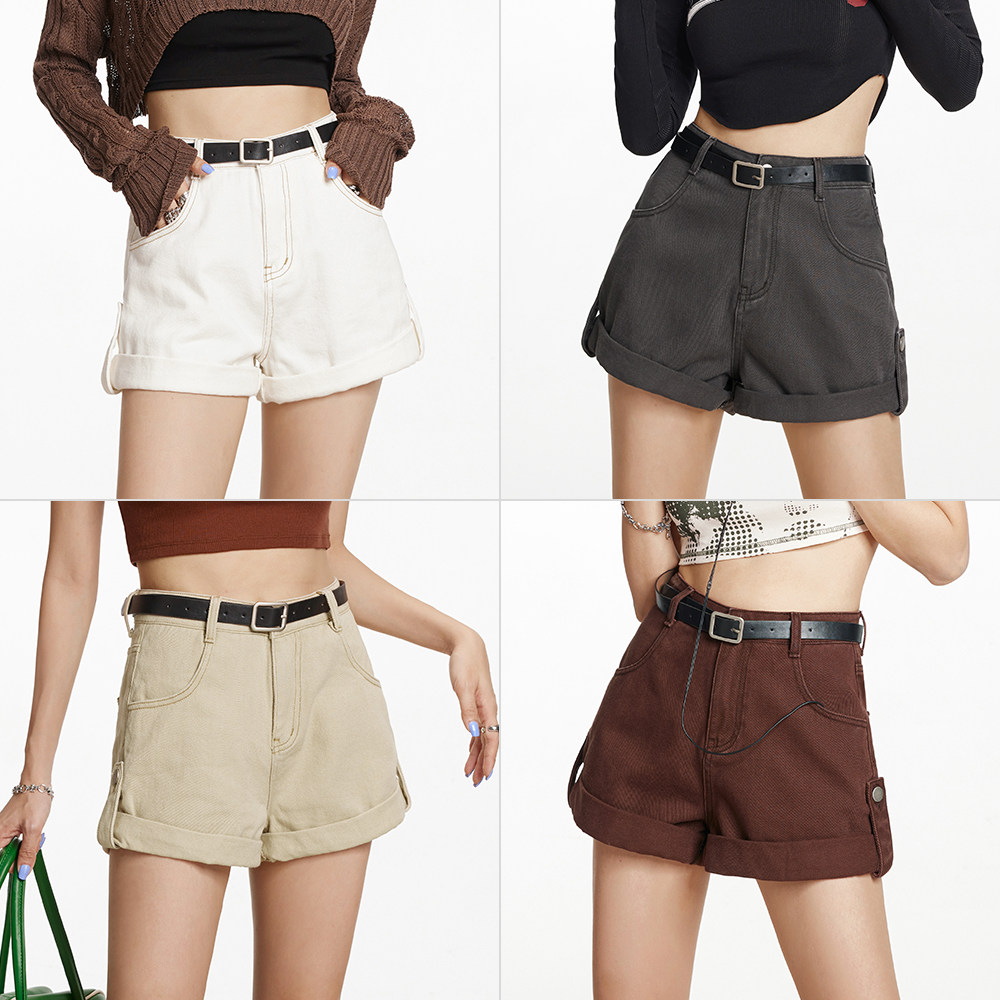 Retro rolled edge design high waist shorts (belt free)