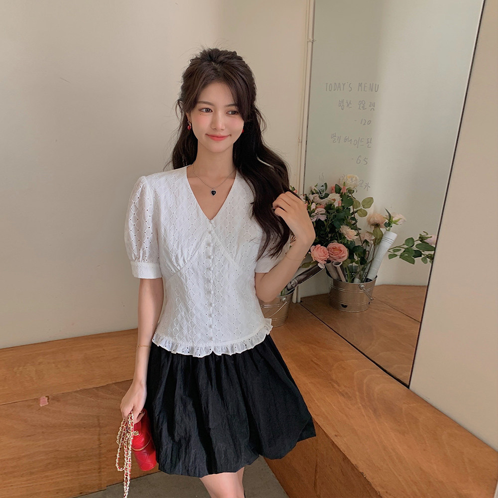 Button Down V-Neck Neck Waist French Country Shirt