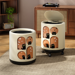 Trash Can Household 2025 New Style Living Room Retro High-Value Movable Bathroom Toilet Bedroom Wheeled Paper Basket