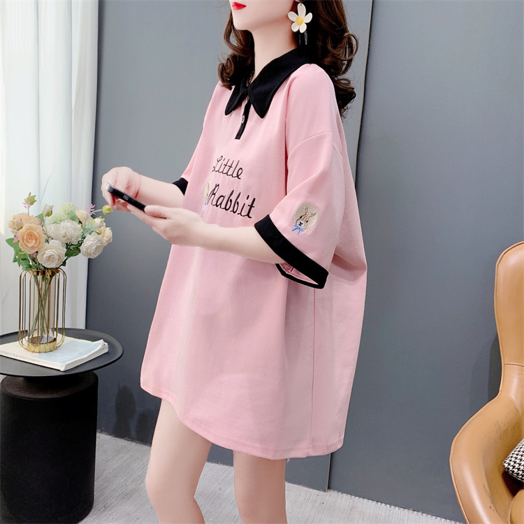 Pure Cotton Maternity Belly-Covering Turn-Down Collar Short-Sleeve T-Shirt for Women, New Summer Style, Loose and Casual Embroidered Top ins
