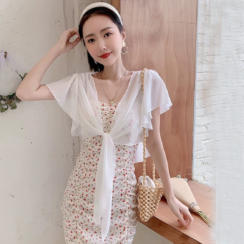 Áo choàng voan nhỏ với váy treo nữ mùa hè ngắn phần cardigan mỏng với tay áo cánh dơi - Áo sơ mi chiffon ren