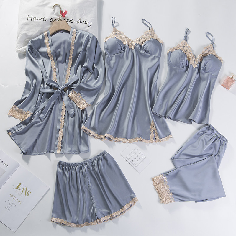 Spring and summer women's sexy thin ice silk pajamas five-piece set long-sleeved nightgown suspender strap chest pad nightdress outerwear home service