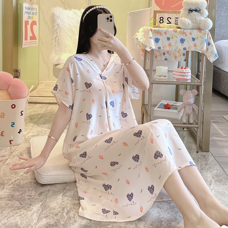 New cotton silk nightdress women's summer thin section short-sleeved pajamas sweet printed dress artificial cotton large size home service